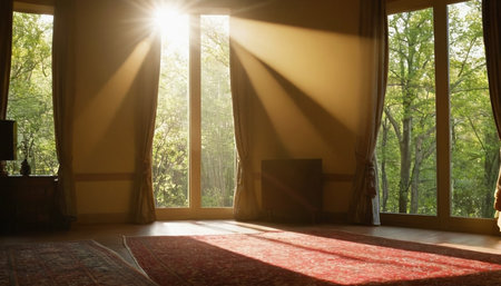 interior of a room with a view of the forest and the sunの素材