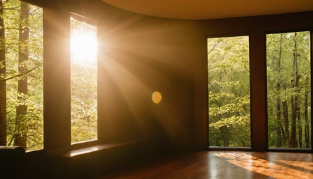 Empty room with large window overlooking the forest and sunlight through the windowの素材