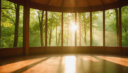 Wooden room with sunbeams through the window in the forestの素材