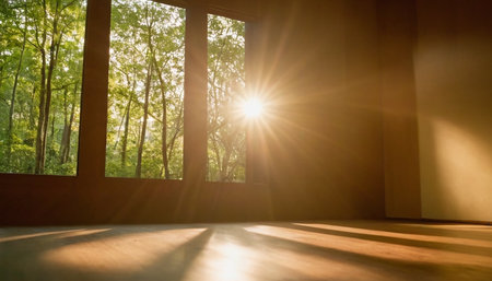 Sunlight shining through the window in a room with wooden floor.の素材