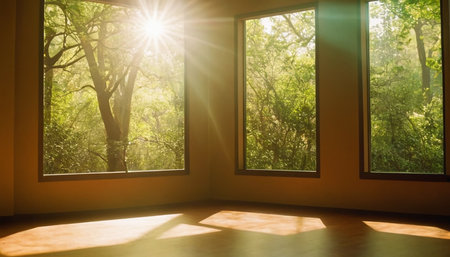 Sunlight through the window in a room with green trees and sunlightの素材