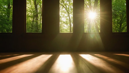 Sunlight shines through the window in the green forest. The rays of the sun through the window.の素材