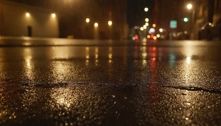 Raindrops on the asphalt in the city at night. Blurred backgroundの素材
