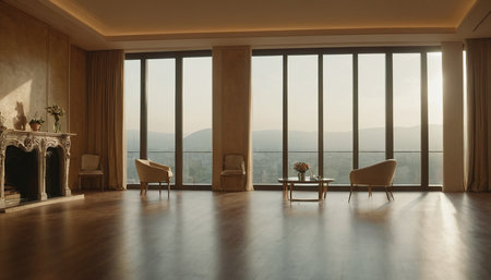 Luxury living room interior with fireplace, armchair and windowの素材