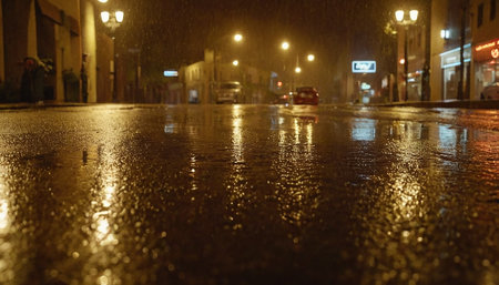 Raindrops on the street in the evening. Blurred background.の素材