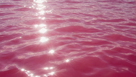 Red water surface with sun rays in the ocean. Natural background.の素材
