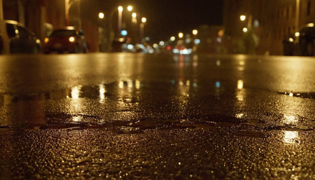 Raindrops on the asphalt in the city at night. Blurred background.の素材