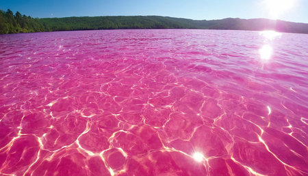 Beautiful pink lake with clear water and blue sky reflected in waterの素材