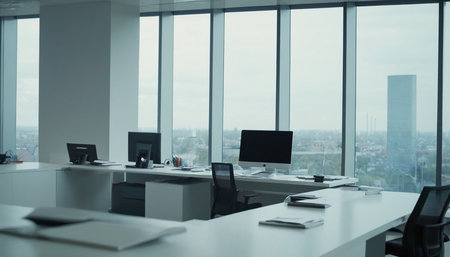 Modern office interior with panoramic windows and city view. Nobody insideの素材