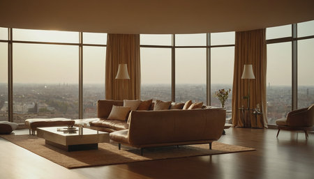 Modern living room interior with panoramic city view. 3D Renderingの素材