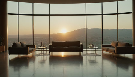 Luxury living room with panoramic window overlooking the mountainsの素材
