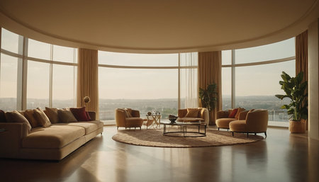 Modern living room interior with panoramic window. 3d renderの素材