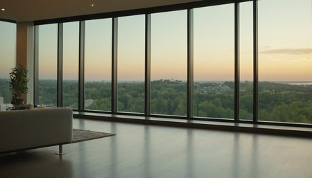 Modern living room interior with panoramic view. 3d renderの素材