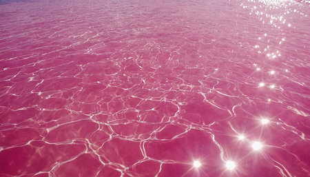 Pink water surface with sun flare. Abstract natural background and texture.の素材