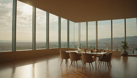 Dining room interior with panoramic city view. 3D Renderingの素材