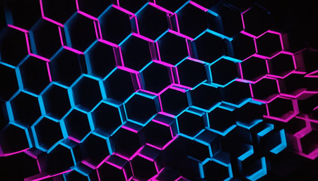 Abstract 3d rendering of hexagon structure. Futuristic background with neon lights.の素材