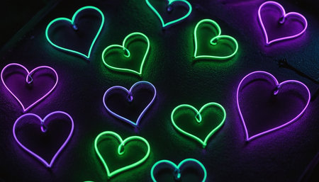 Colorful neon hearts on a black background. Valentine's Day.の素材