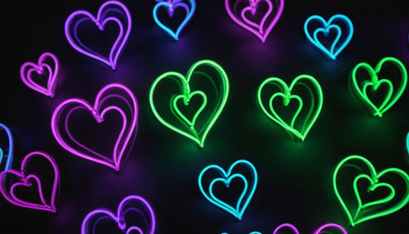 Neon hearts on a black background. Valentine's day concept.の素材