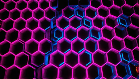 3d rendering. Futuristic hexagonal background with neon light.の素材