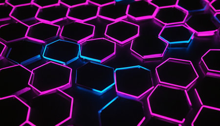 3d rendering of abstract hexagonal background with neon lights. 3d illustration.の素材