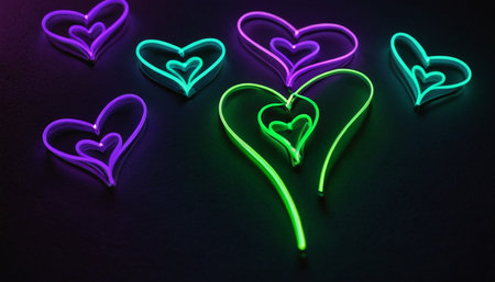 Colorful neon hearts on black background. Valentine's day concept.の素材