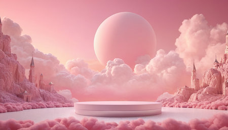 3D rendering of a podium in a fantasy landscape with a full moonの素材