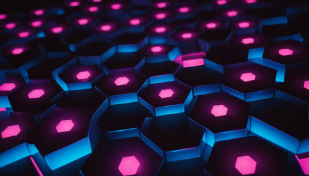 Abstract 3d rendering of hexagon shape with glowing lights. Futuristic background.の素材