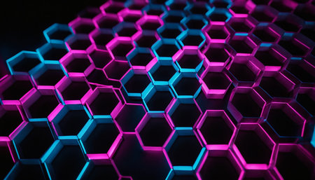 3d rendering of hexagons in blue and pink neon light on black backgroundの素材