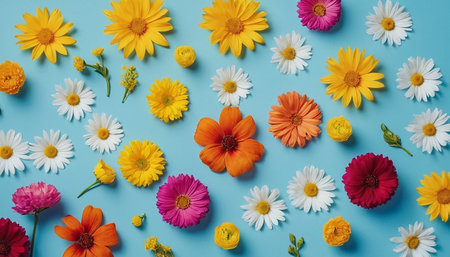 Colorful daisies and chamomile flowers on blue backgroundの素材