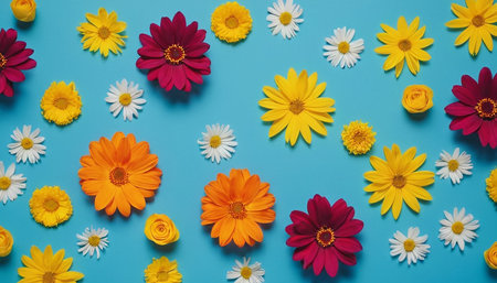 Colorful daisies and chamomiles on blue backgroundの素材