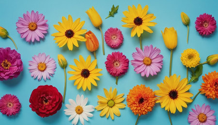 Colorful flowers on blue background. Top view. Flat lay.の素材