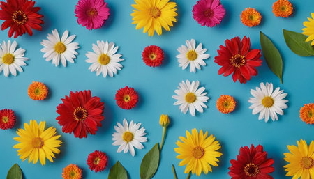 Colorful daisy flowers on blue background. Flat lay, top viewの素材