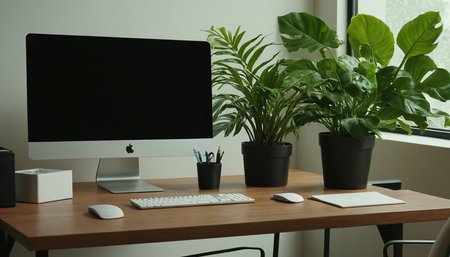 Workplace with computer, keyboard, mouse and plant on wooden tableの素材