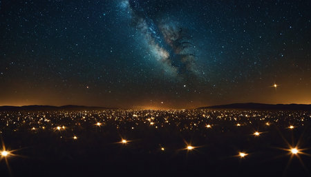 Milky way and stars in the sky above the city at nightの素材