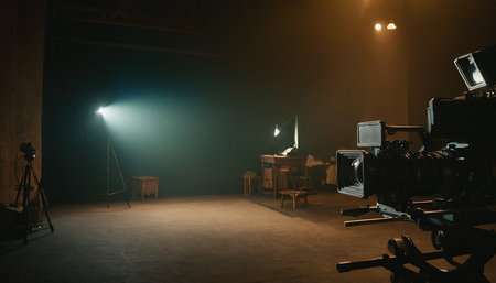 Behind the scenes of a movie or film production. Filmmaking equipment and lighting equipment.の素材