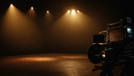 Professional video camera on a tripod in a dark room illuminated by spotlightsの素材