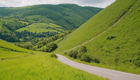 Meadow and road in the Ukrainian Carpathian Mountains.の素材