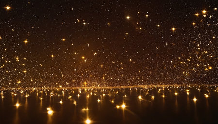 golden christmas lights on a black background with bokehの素材