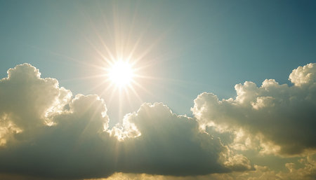 Sunset sky with clouds and sunbeams, nature background.の素材