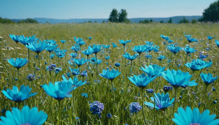 Blue cornflowers in a meadow with blue sky background.の素材