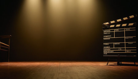 Movie clapper board on a dark background. 3d rendering.の素材