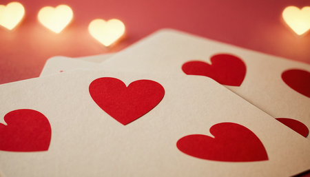Playing cards with hearts on red background. Valentines day concept.の素材