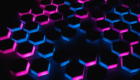 3d rendering of abstract hexagonal background with neon glowing lights.の素材