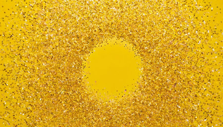 Gold glitter texture on a yellow background. Festive abstract background.の素材
