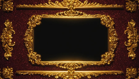 Golden frame on a red background with copy space. 3d renderingの素材