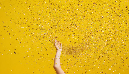 Female hand with golden confetti on a yellow background. Place for text.の素材