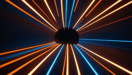 3d render, abstract background, blue and orange neon lines in the tunnelの素材