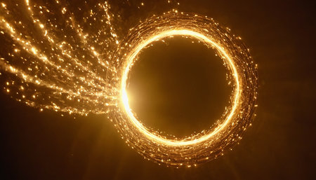Circle with glowing particles on a dark background. 3d renderingの素材