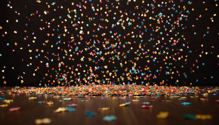 colorful confetti and glitter on a dark background with copy spaceの素材