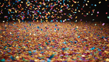 Colorful confetti on black background. Colorful confetti backgroundの素材